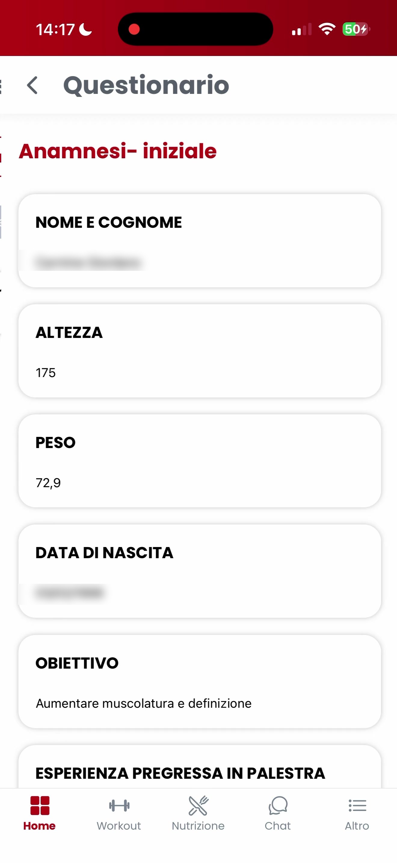 Questionario iniziale compilato nell'app