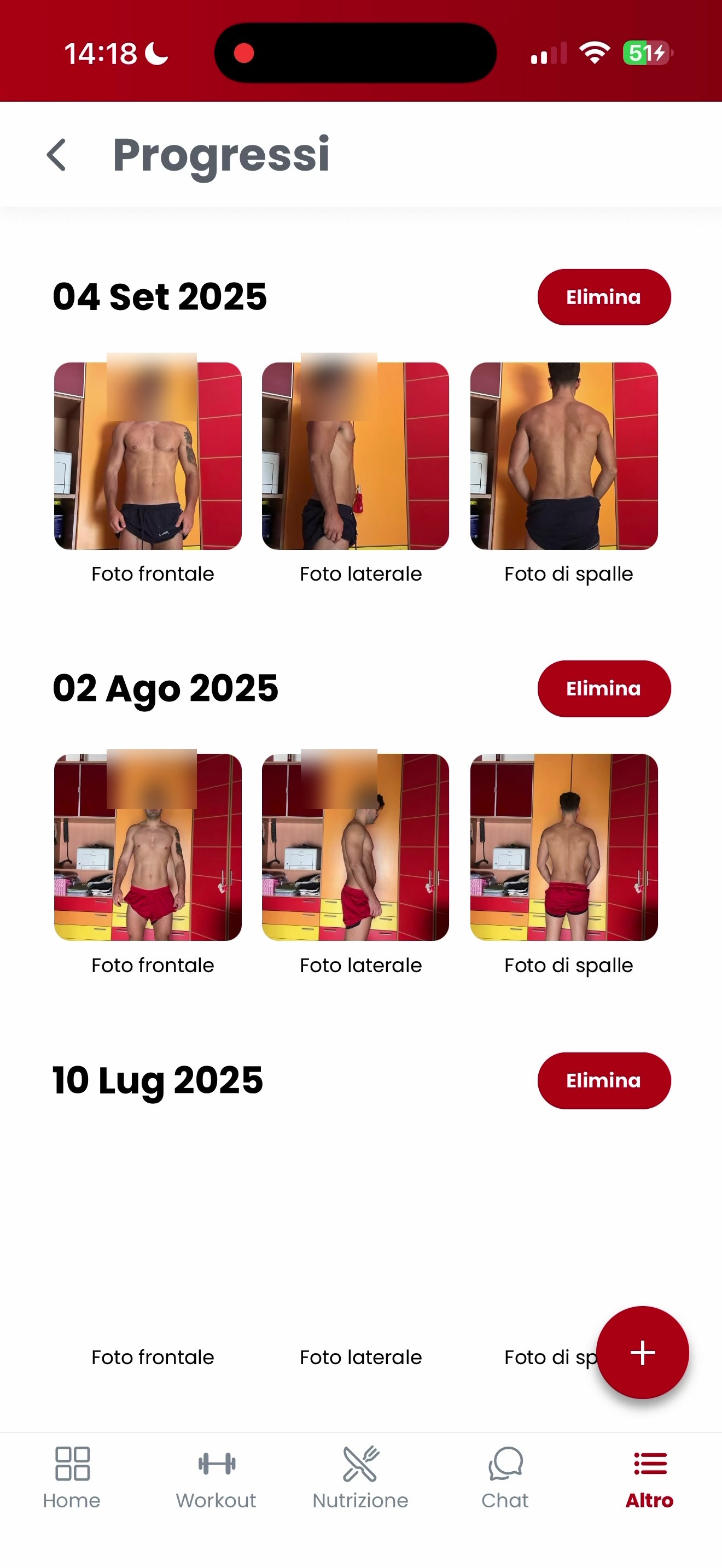 Storico delle foto di progresso nell'app, per data